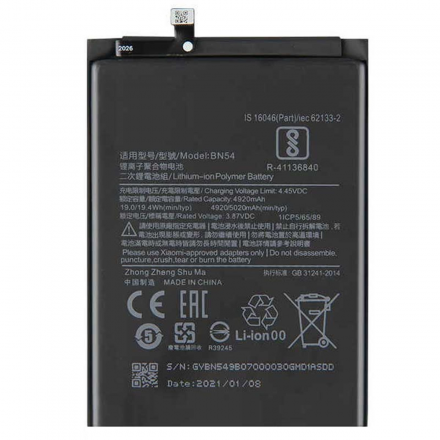 N73.1 Bateria BN54 Para Xiaomi Redmi Note 9 de 4920 mAh