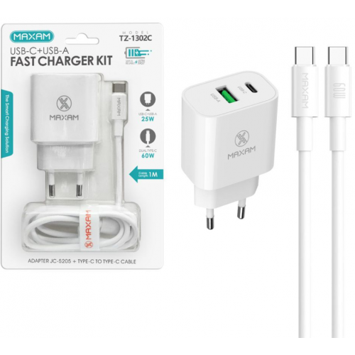 Adaptador / CargaDor De Pared Carga Ultra Rapido 20W Con Cable Tipo C A Tipo C / TZ-1302C / MAXAM