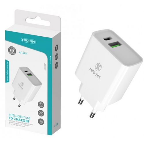 Cargador rapido de doble puerto USB-C+USB-A PD de 25W / MAXAM JC-5201