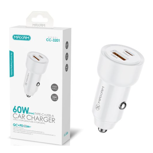 Cargador De Coche De Dos Entradas USB Y Tipo C De 30W MAXAM CC-3201