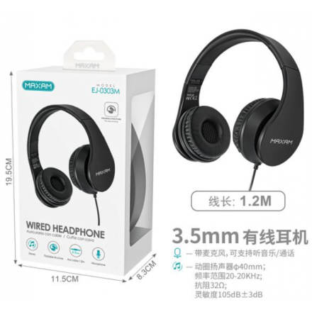 Maxam EJ-0303M Auricular Diadema Plegable Negro Con Cable...