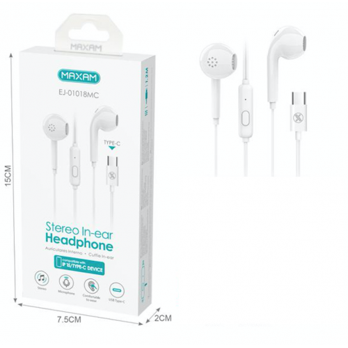 Cascos / Auriculares Estéreo EJ-01018MC Tipo-C MAXAM Blanco Con Cable